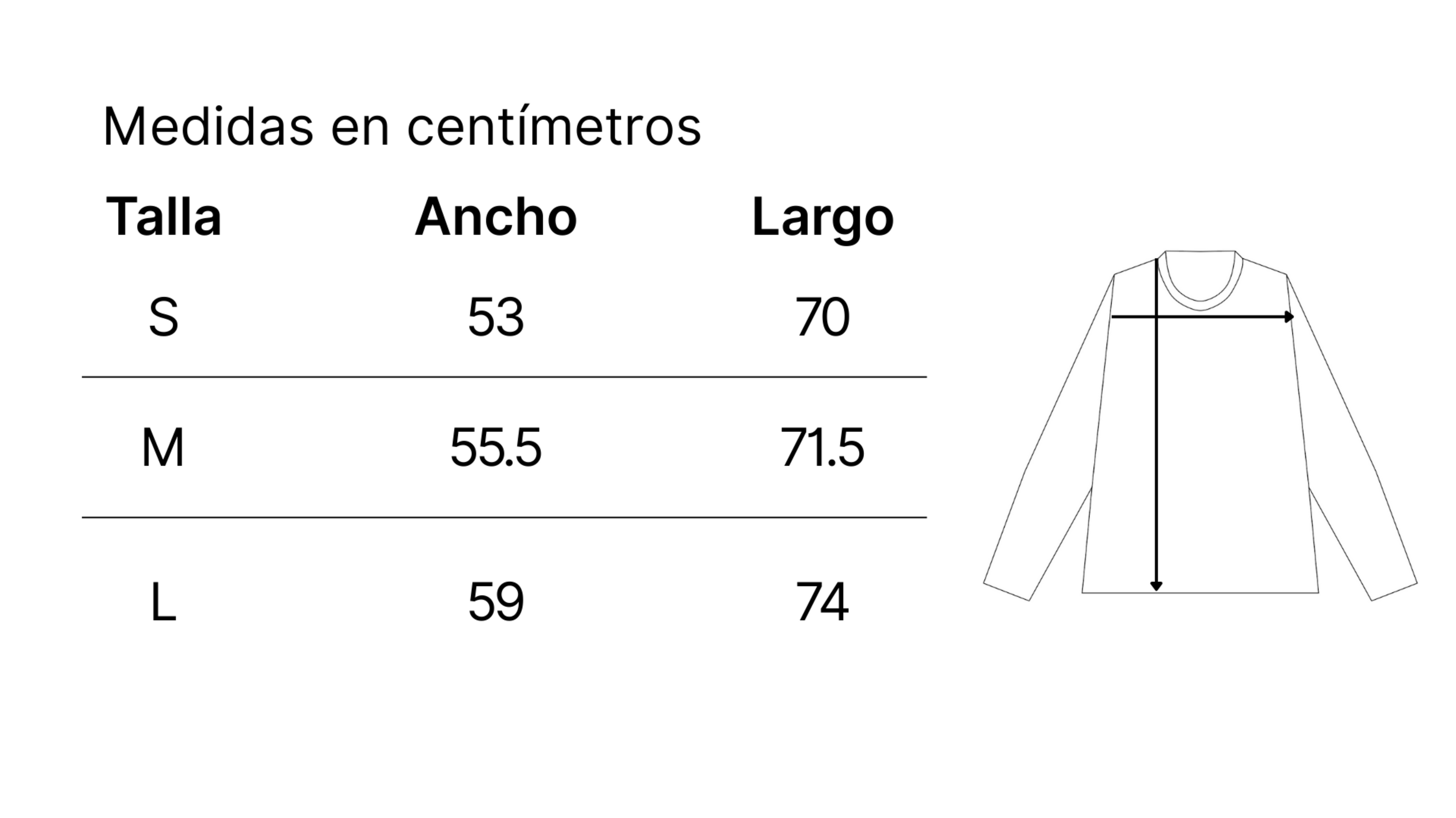 Measurement chart for a long-sleeve shirt with dimensions in centimeters.